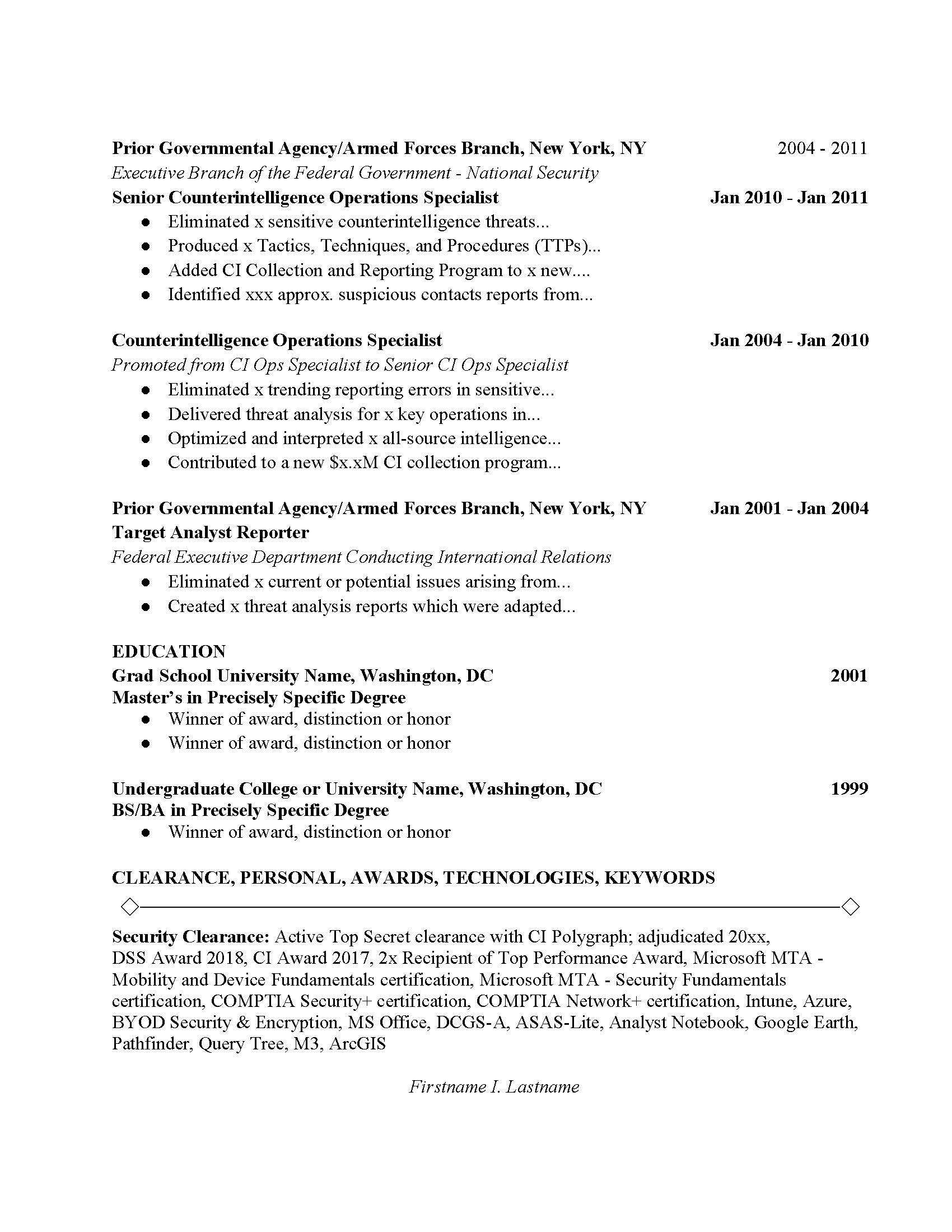 Counterintelligence Analyst Resume Example Free Download